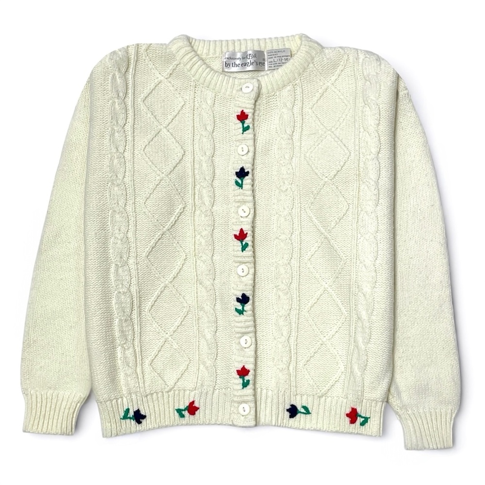 Eagle’s Eye Vtg Girls Floral Embroidered Cream Cable Knit Cardigan Sweater 12/14